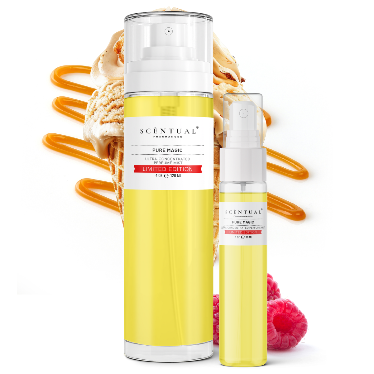 Two yellow skincare bottles with white labels on a white background