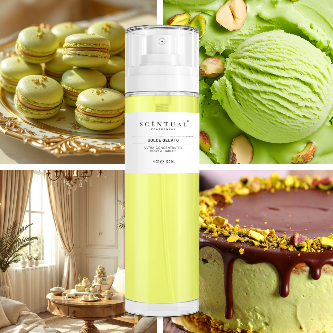 Collage of green-themed products including macarons, ice cream, and a cake with a 'Scentual' product in the center.
