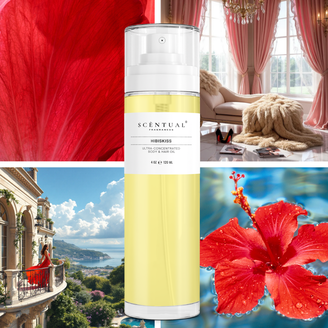 Collage of a Scentual Strawberry Clouds product, red flowers, and a scenic view.