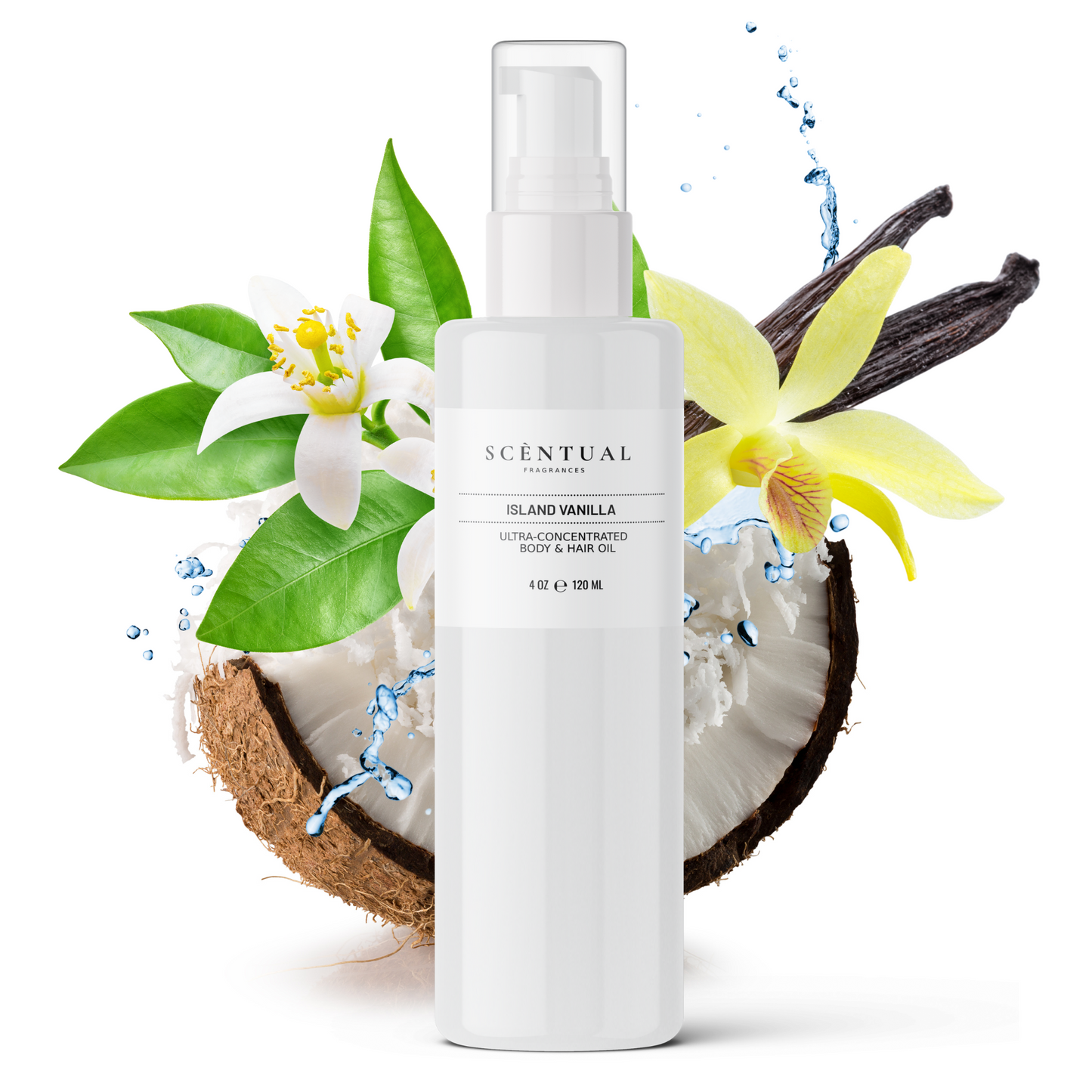 A spray bottle of Island Vanilla Ultra-Concentrated Body & Hair Oil with an image of a coconut, vanilla pod, lemon, and flowers in the background, representing the scent profile.