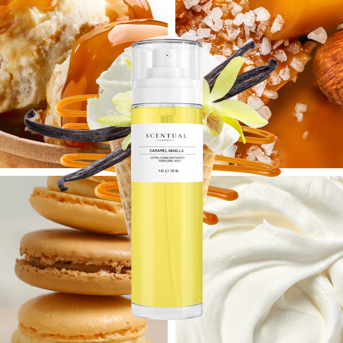 Scentual Caramel Vanilla product with vanilla beans and dessert elements in the background