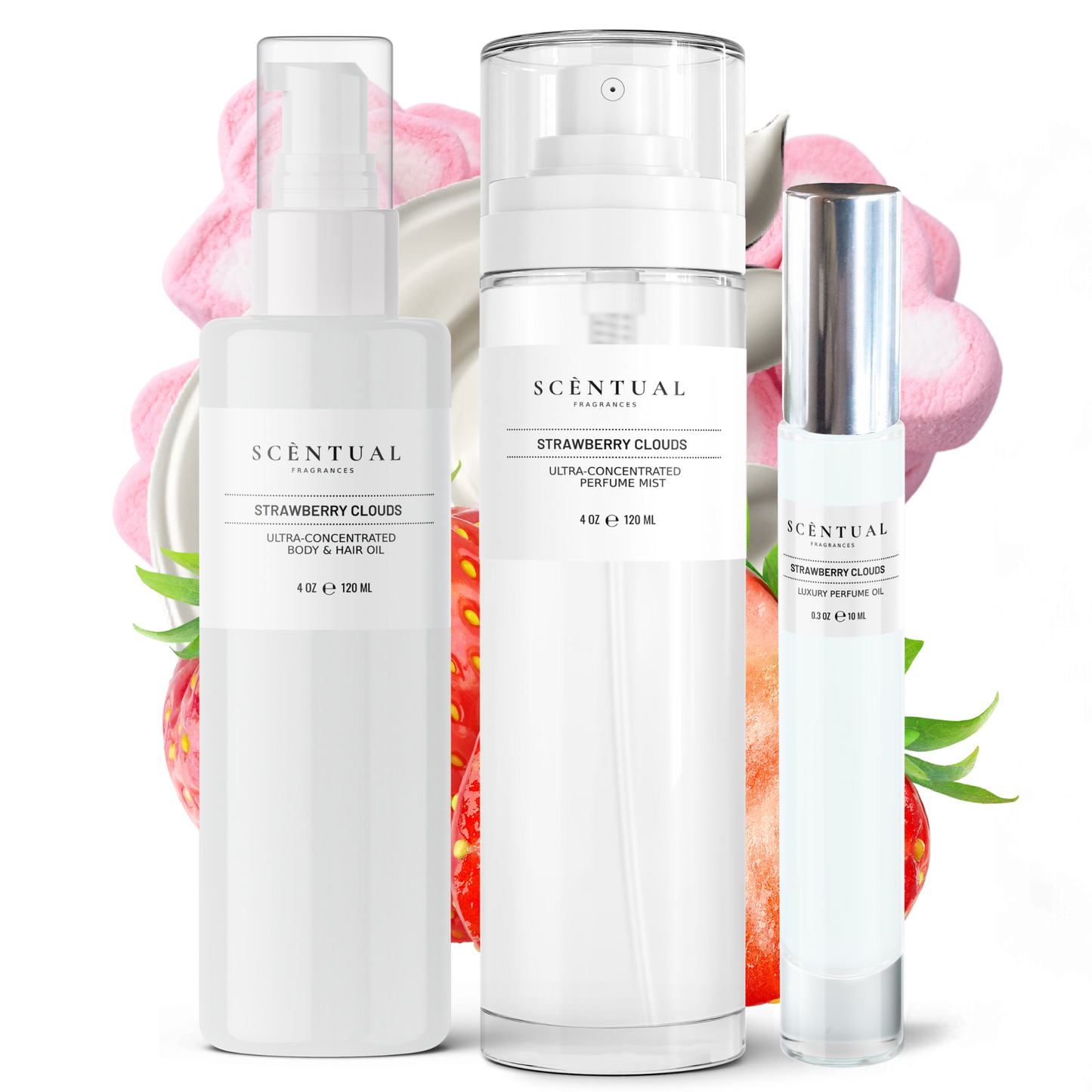 Three 'Scentual Strawberry Clouds' products on a white background with strawberry graphics.