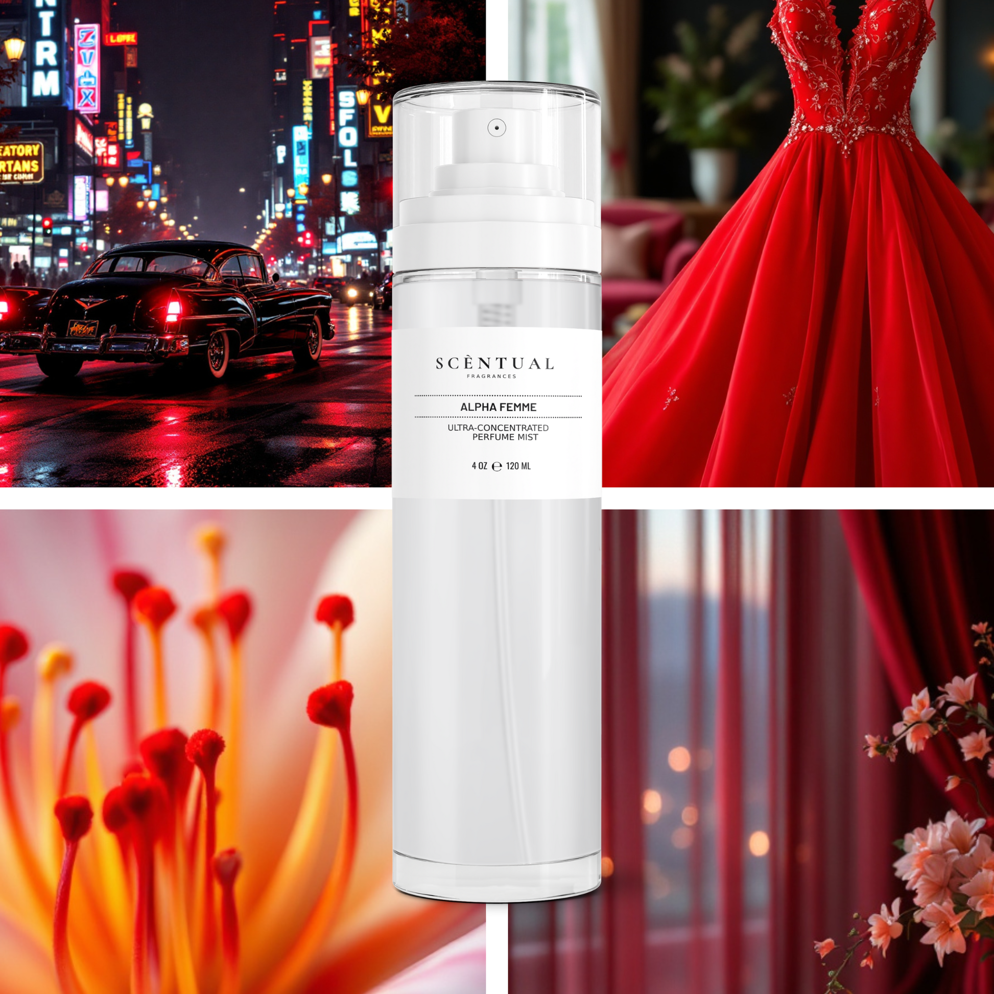 Collage of a skincare product bottle labeled 'Scentual', a red evening gown, and vibrant flowers with a city street background.